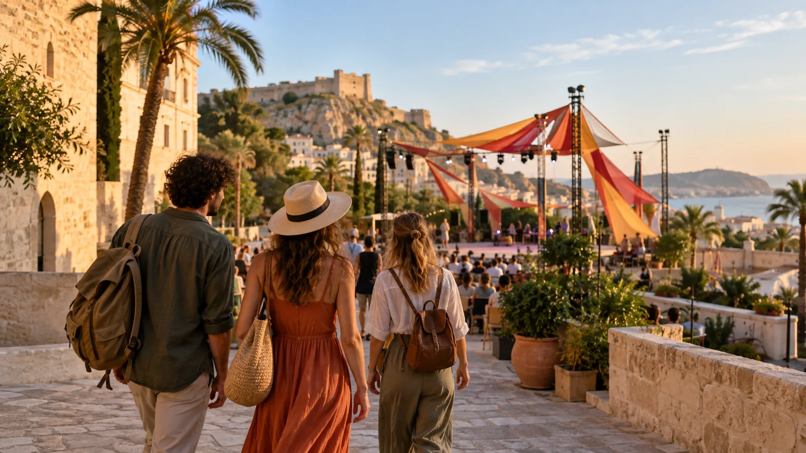 Viajeros caminando hacia una propuesta cultural al aire libre con el Castillo de Santa Bárbara al fondo