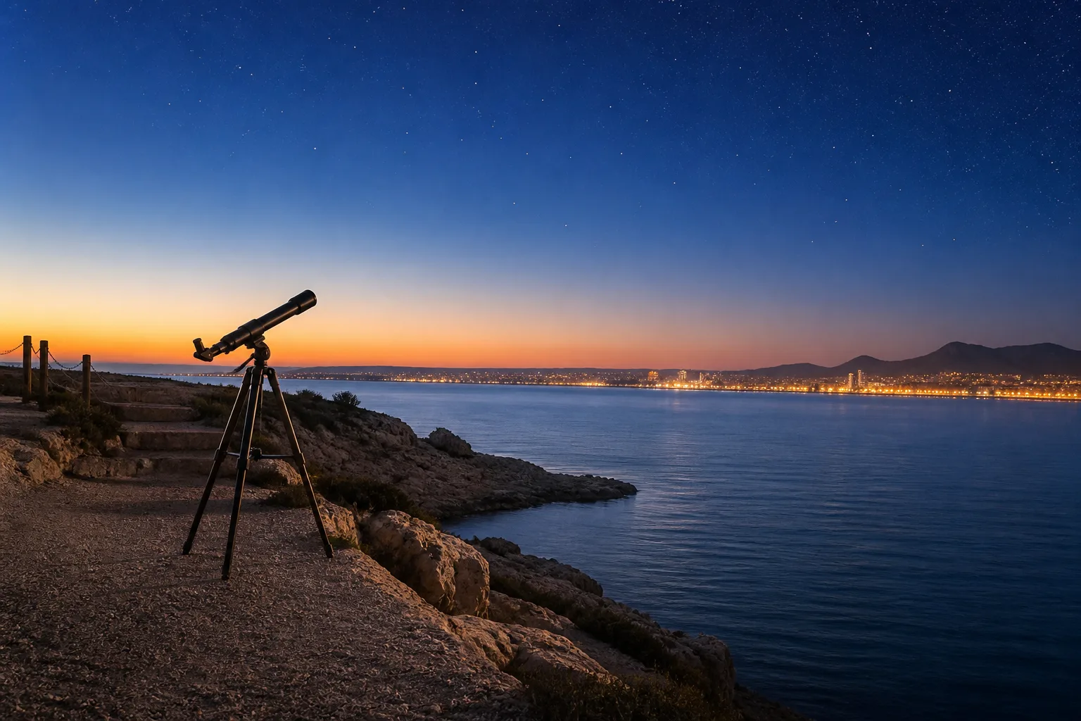 Telescopio junto al Mediterráneo en el Cabo de las Huertas al anochecer