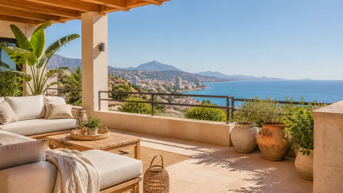 Terraza mediterránea preparada para huéspedes con la costa de Alicante al fondo