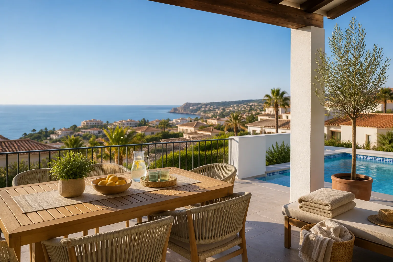 Terraza mediterránea preparada para huéspedes con piscina y paisaje costero de Alicante