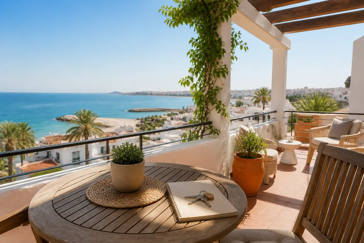 Terraza mediterránea de una vivienda turística con llaves y cuaderno frente a la costa de Alicante