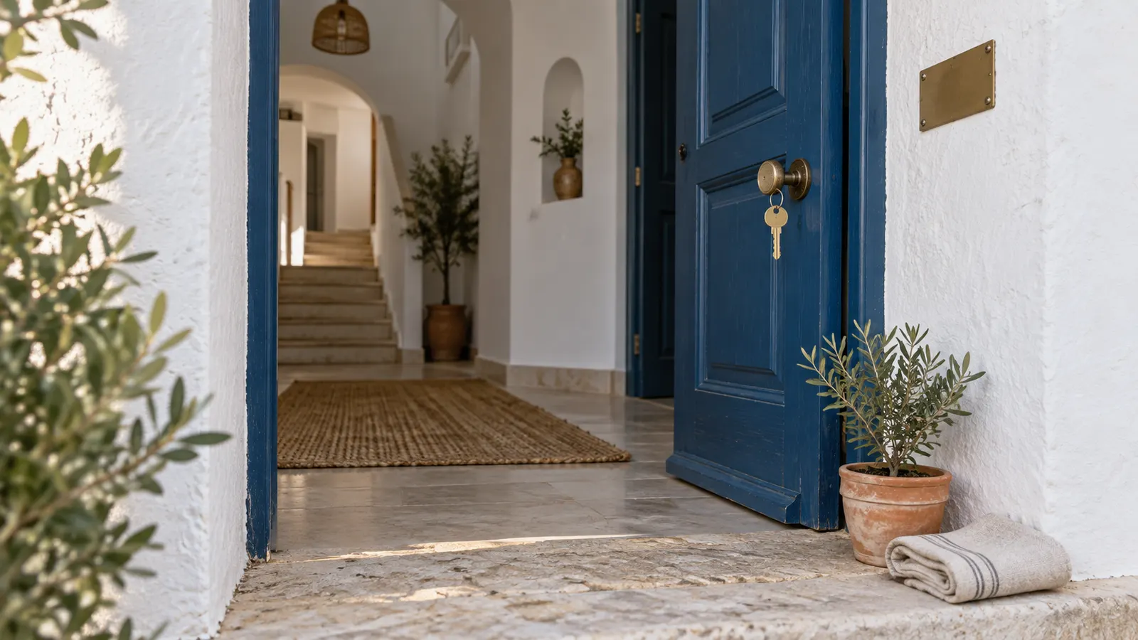 Entrada mediterránea de una vivienda turística con puerta azul, llave y maceta de olivo