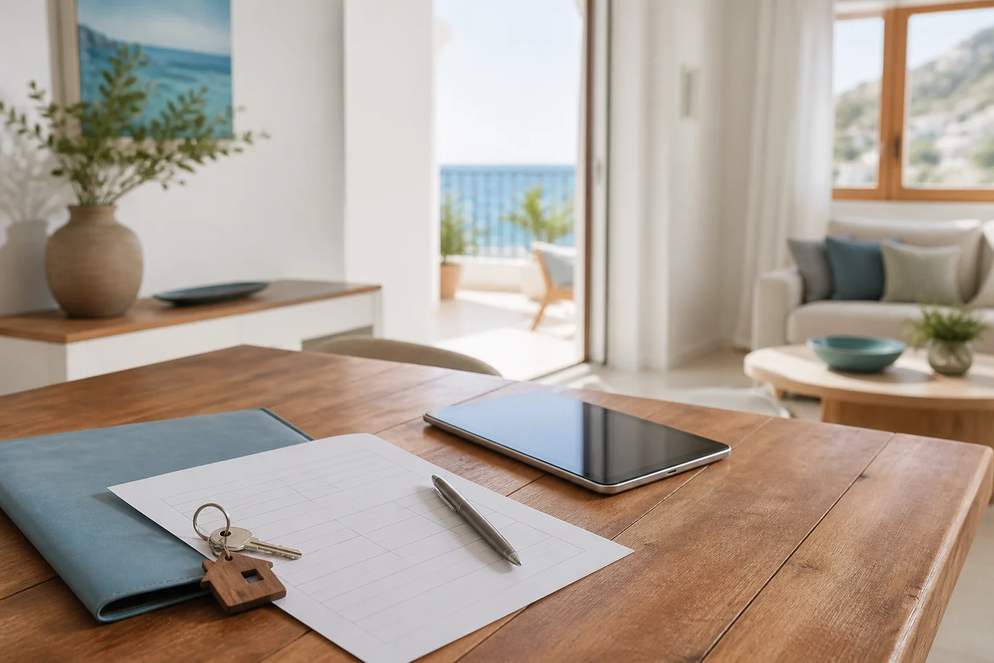 Documentación y llaves de una vivienda turística mediterránea en la Costa Blanca