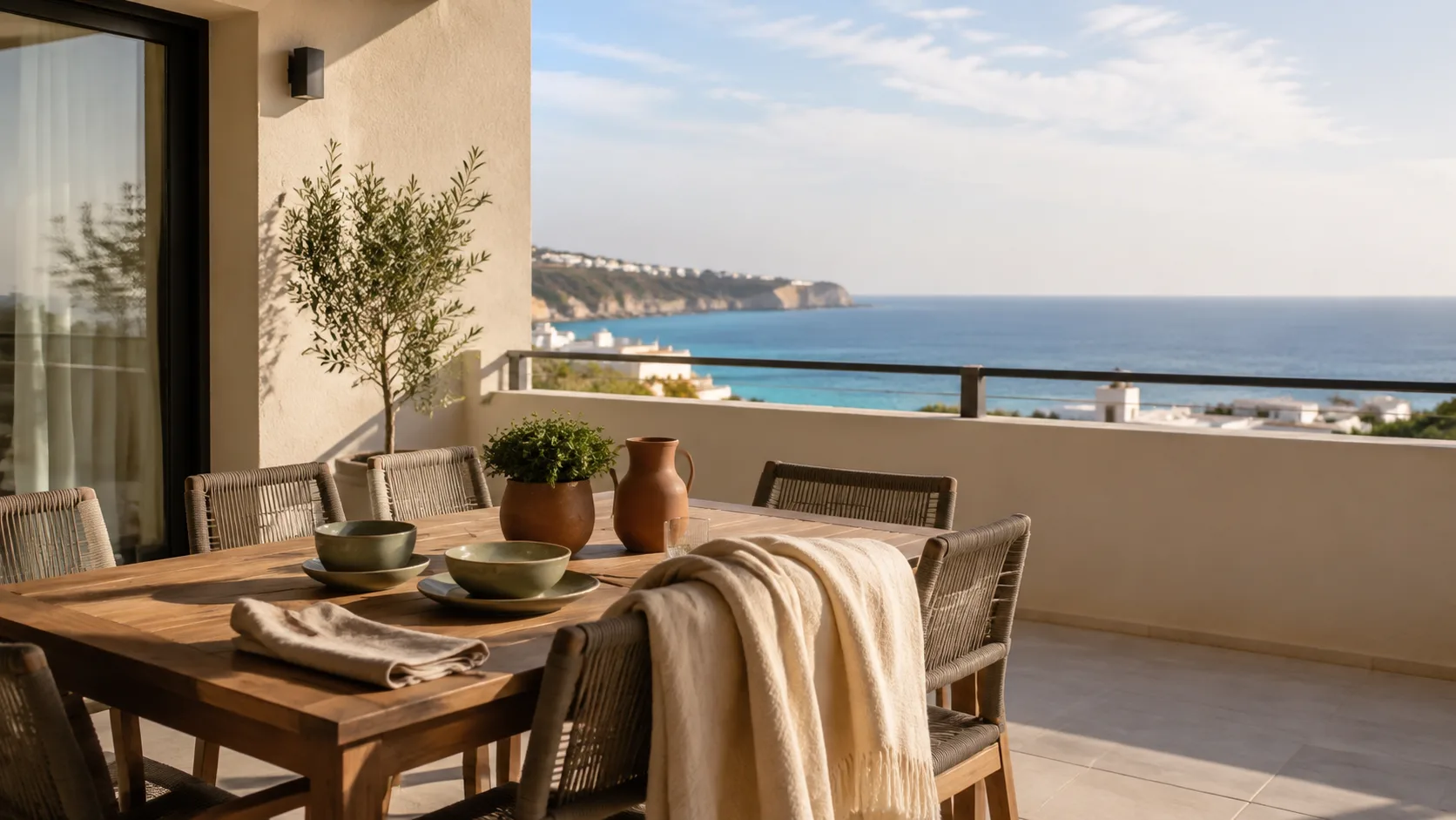 Terraza de una vivienda mediterránea preparada para la temporada de septiembre frente al mar