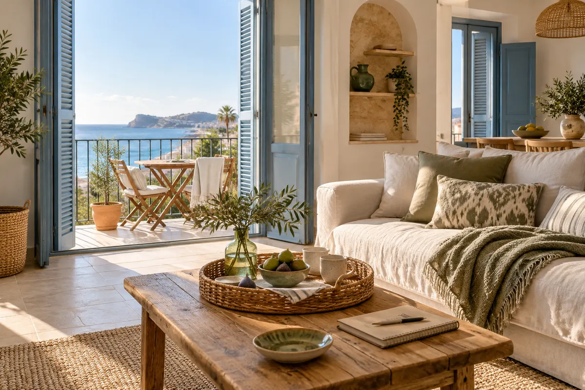 Salón mediterráneo preparado para el otoño con contraventanas azules, terraza y vistas al mar de Alicante
