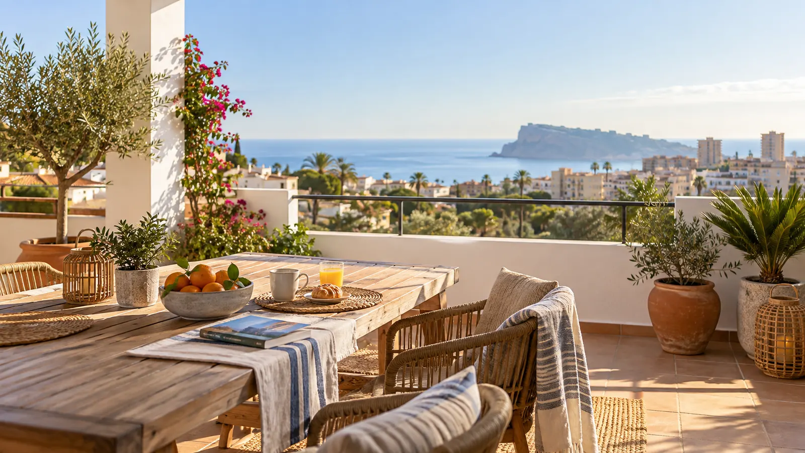 Terraza mediterránea preparada para recibir a viajeros internacionales con vistas a Alicante y al mar